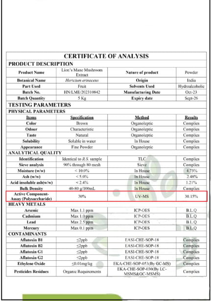 Lion's Mane Mushroom Extract Certificate