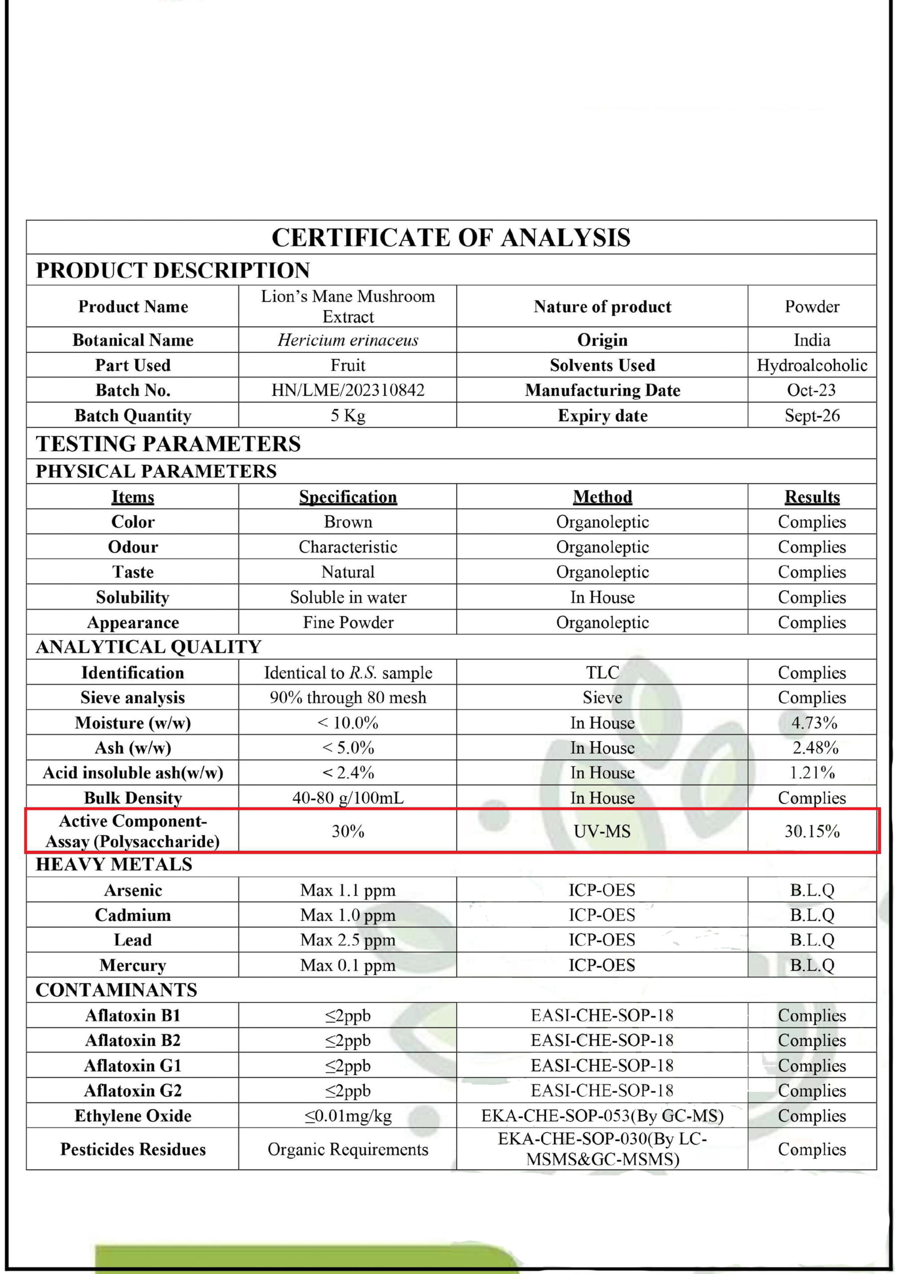 Lion's Mane Mushroom Extract Certificate
