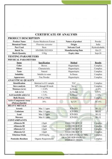 Oyster Mushroom Extract Certificate