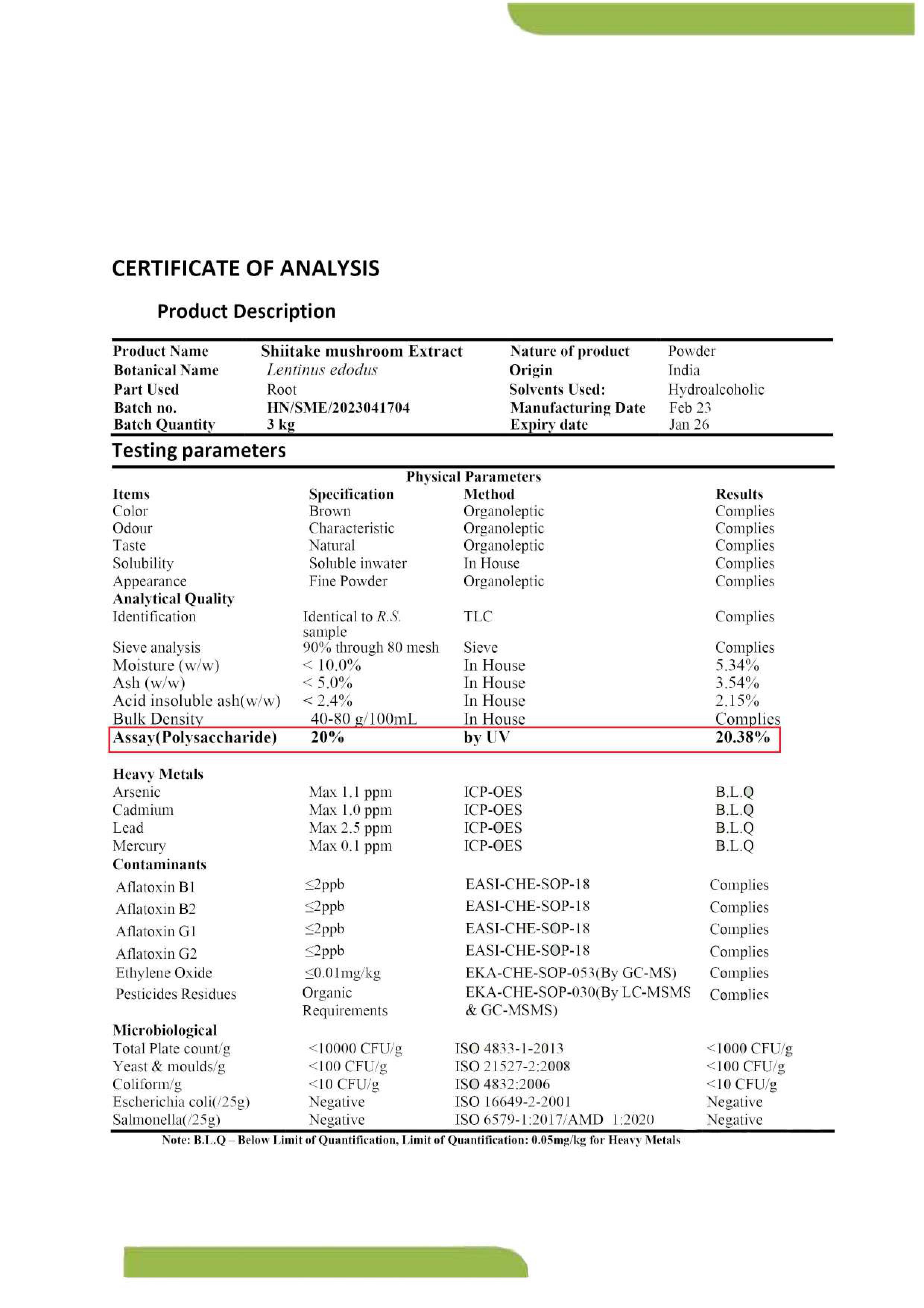 Shiitake Mushroom Extract Certificate